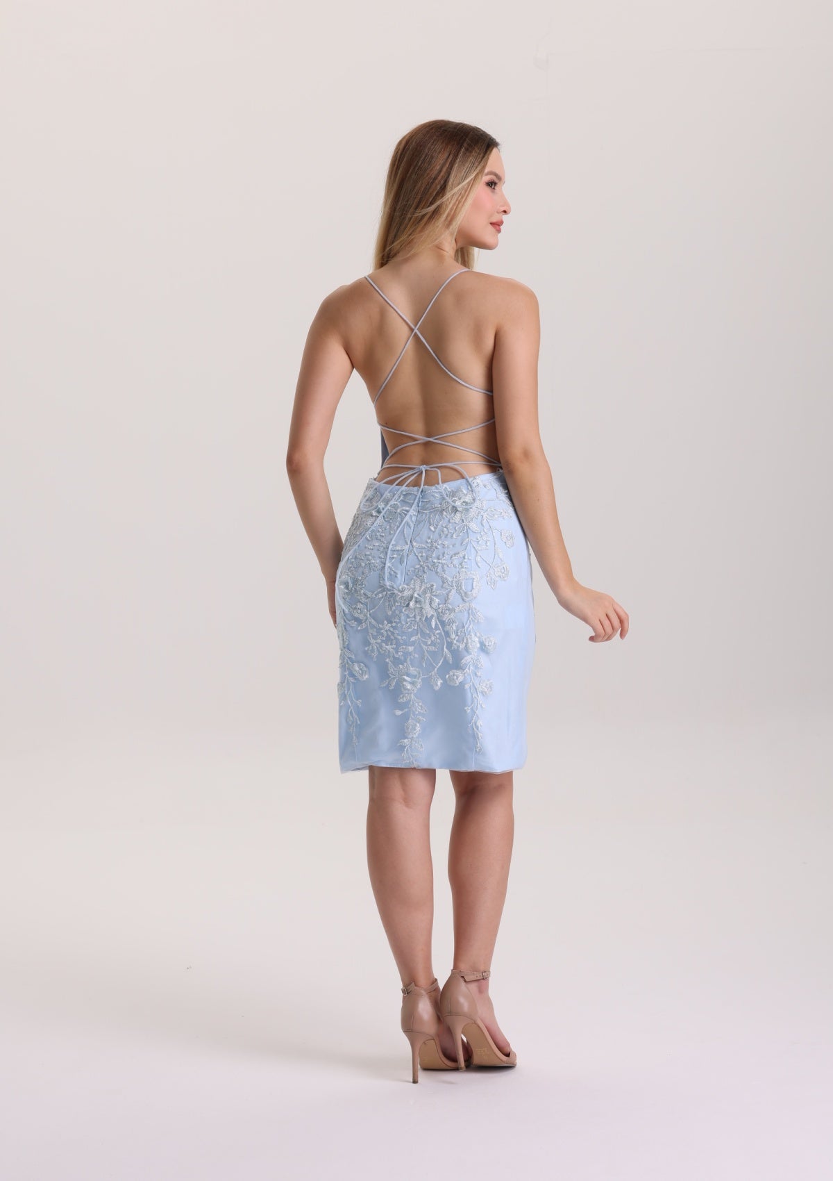 Light Blue Lace Appliques Square Neck Homecoming Dress