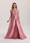 Illusion Plunging Neck Satin Prom Dress with Slit