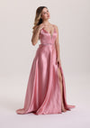 Illusion Plunging Neck Satin Prom Dress with Slit
