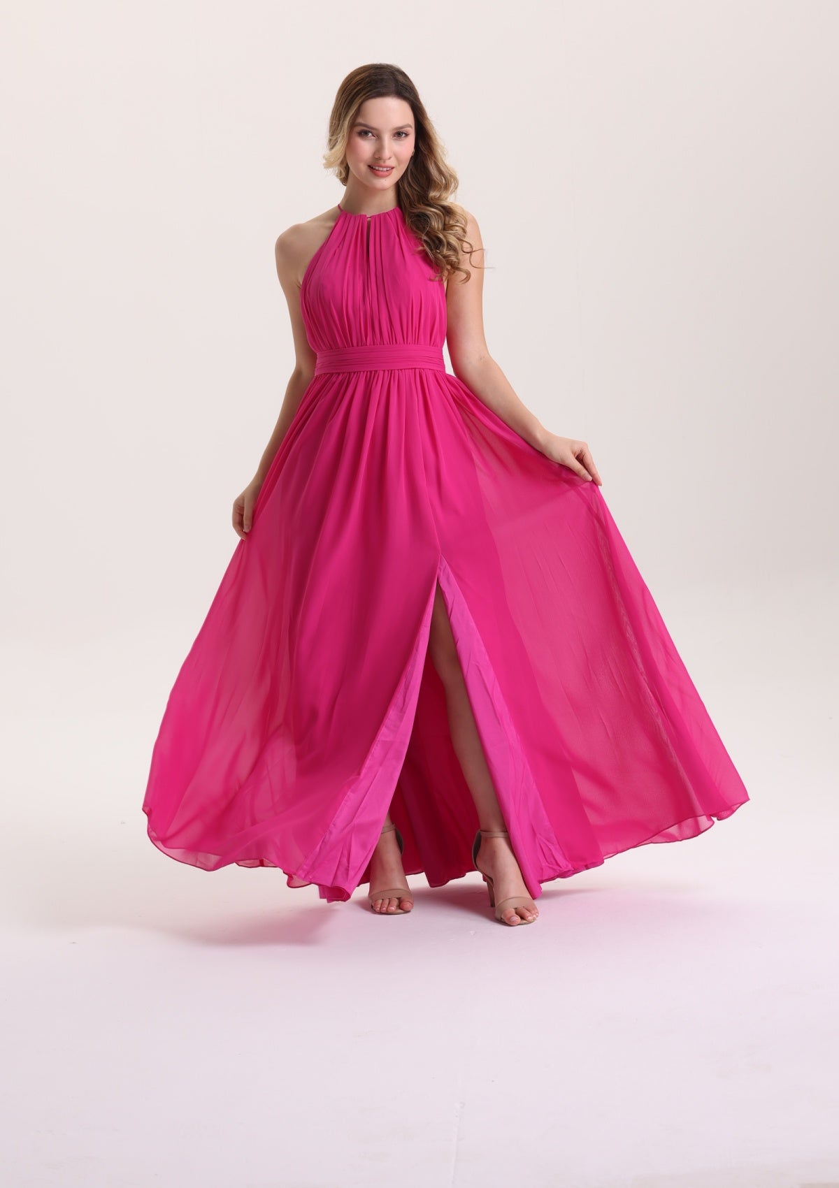 Romantic Halter Sleeveless Bridesmaid Dress with Slit