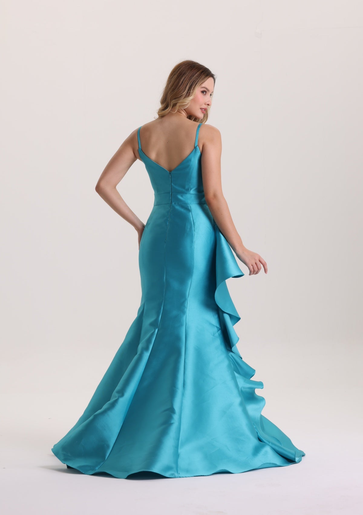 Designed Spaghetti Strap Satin Evening Dress with Bow
