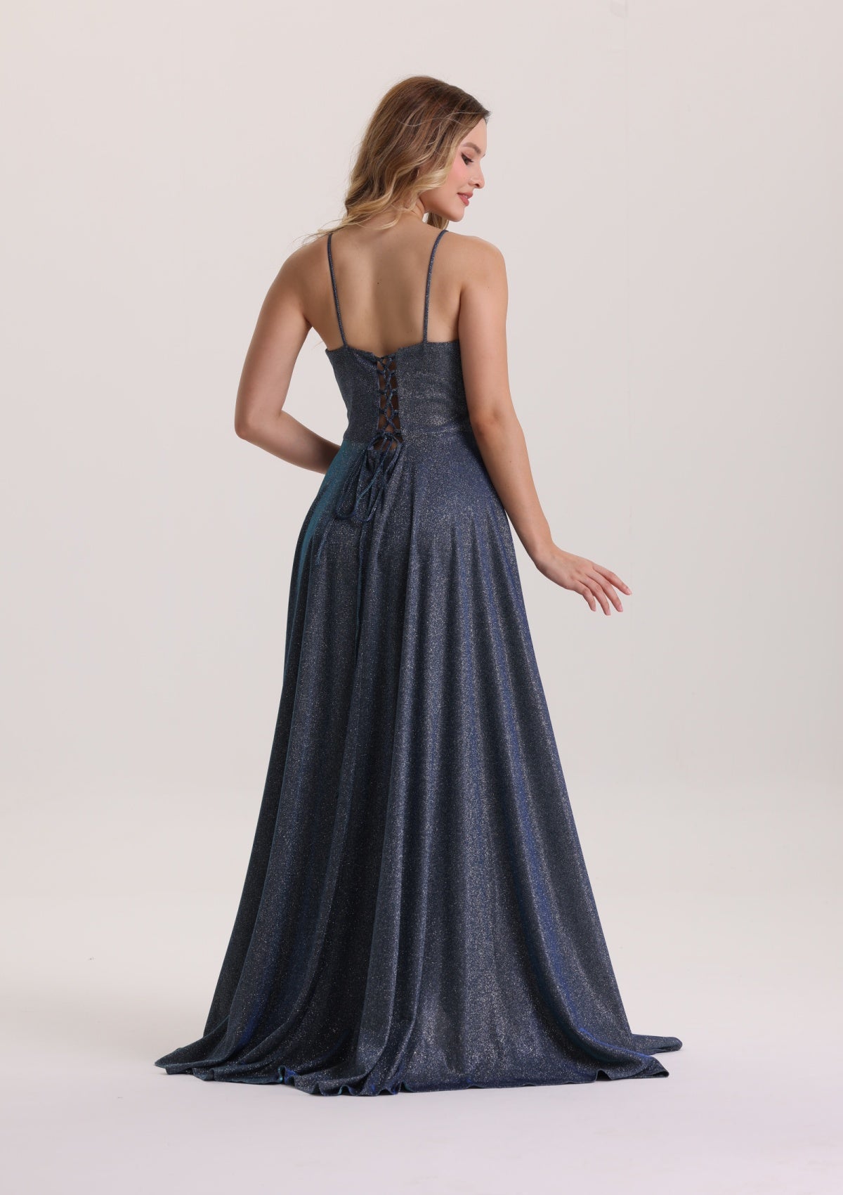 Metallic Spaghetti Strap Satin Prom Dress with Slit