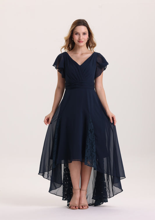 A Line Ruffle Cap Sleeves Lace Mother of The Bride Dress