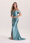 Designed Off Shoulder Corset Satin Prom Dress with Train