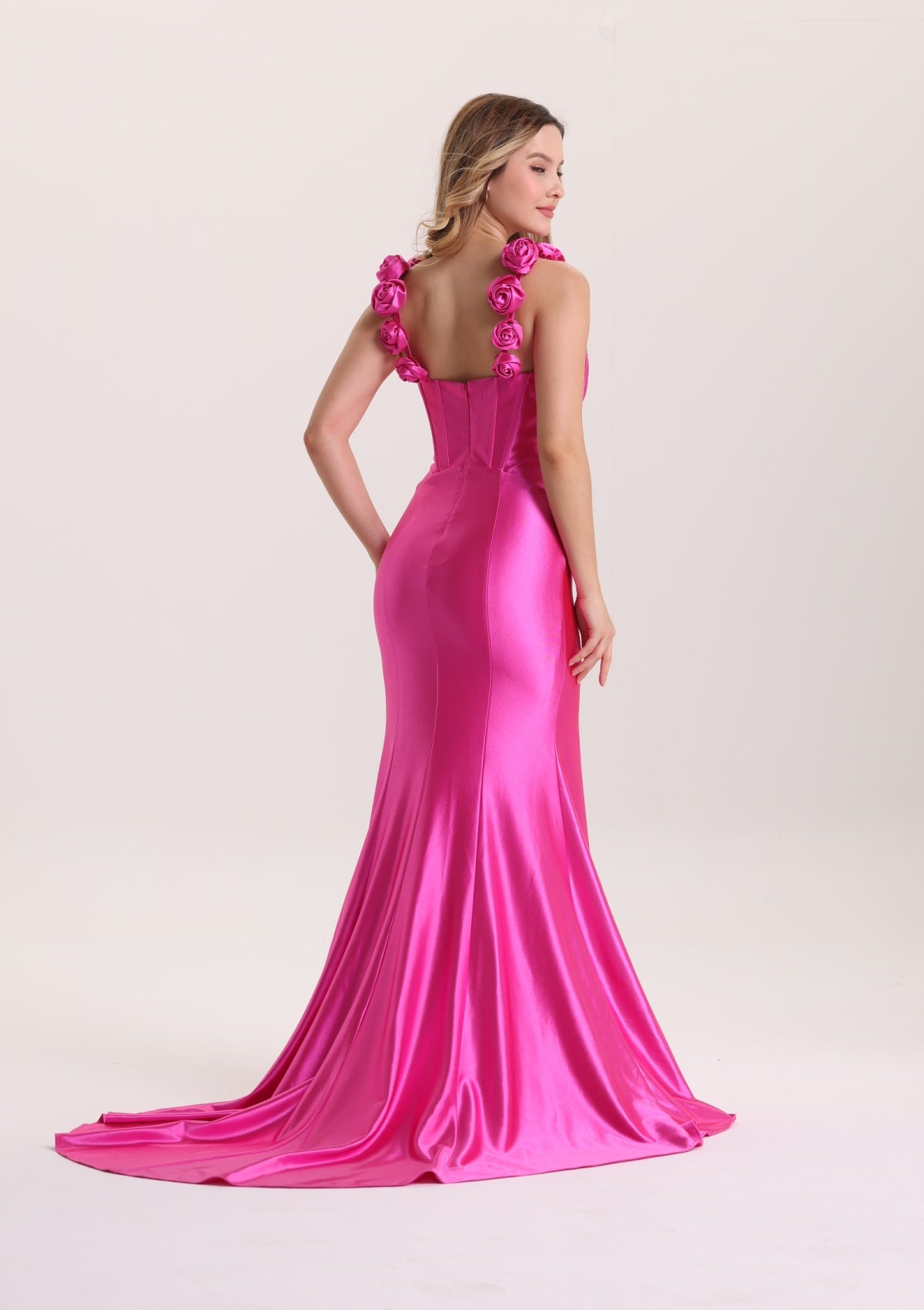 Romantic 3D Floral Spaghetti Strap Satin Prom Dress