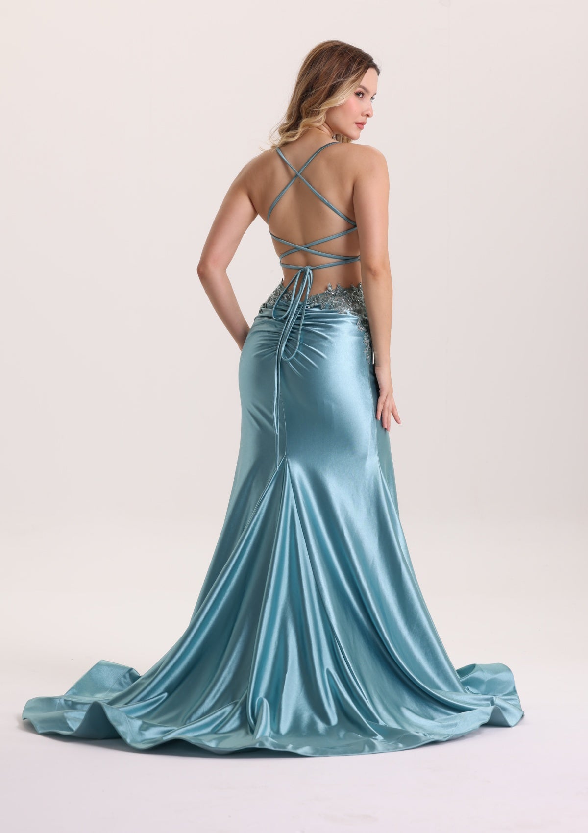 Luxury Sequin Beaded Satin Prom Dress with Slit