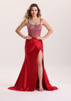 Luxury Spaghetti Strap Corset Pleated Satin Prom Dress with Rhinestone