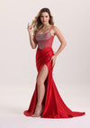 Luxury Spaghetti Strap Corset Pleated Satin Prom Dress with Rhinestone