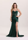 Elegant Sequin Pleated Satin Prom Dress with Train