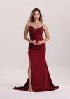 Luxury Red Beaded Pleated Satin Prom Dress with Slit