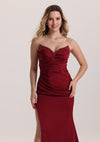Luxury Red Beaded Pleated Satin Prom Dress with Slit