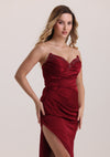 Luxury Red Beaded Pleated Satin Prom Dress with Slit
