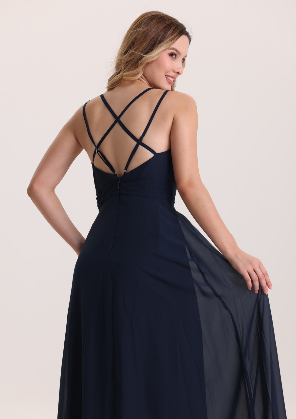 Classical V Neck Sleeveless Navy Chiffon Bridesmaid Dress