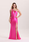 Sexy Asymmetrical Neck Cutout Satin Prom Dress with Slit