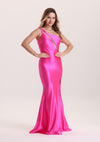 Sexy Asymmetrical Neck Cutout Satin Prom Dress with Slit