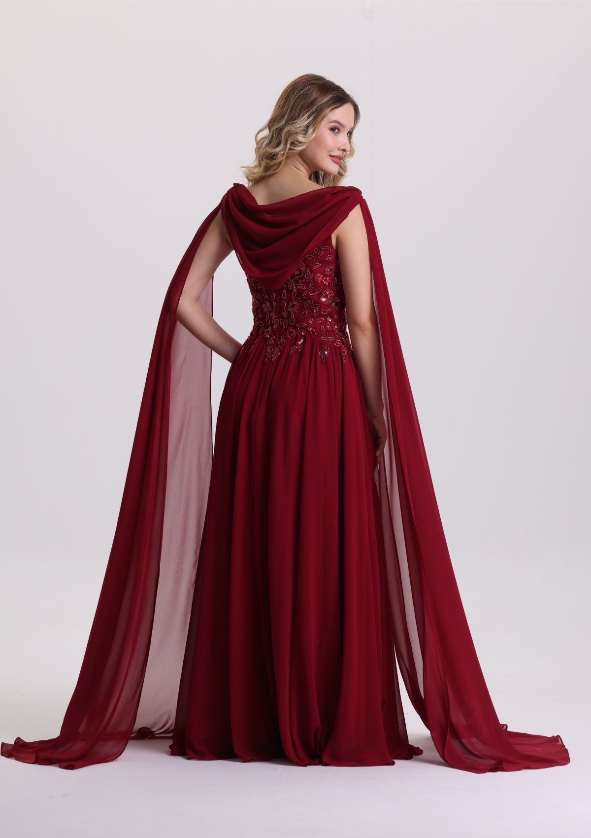 Burgundy Beaded Chiffon Evening Gown with Draped Cape Sleeves