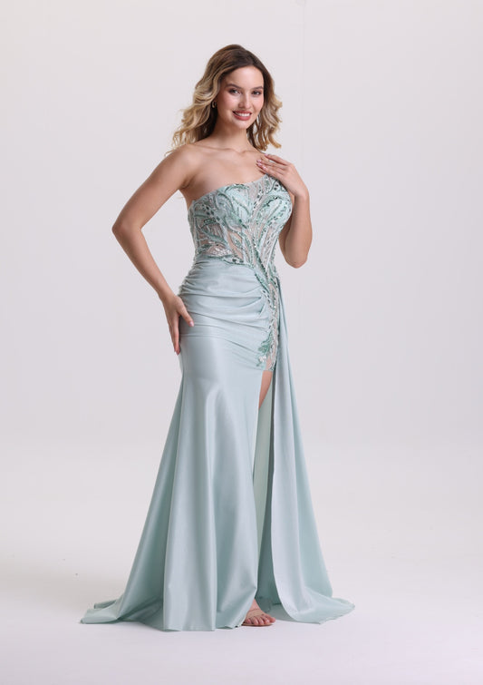 Designed Asymmetrical Neck Appliques Satin Prom Dress