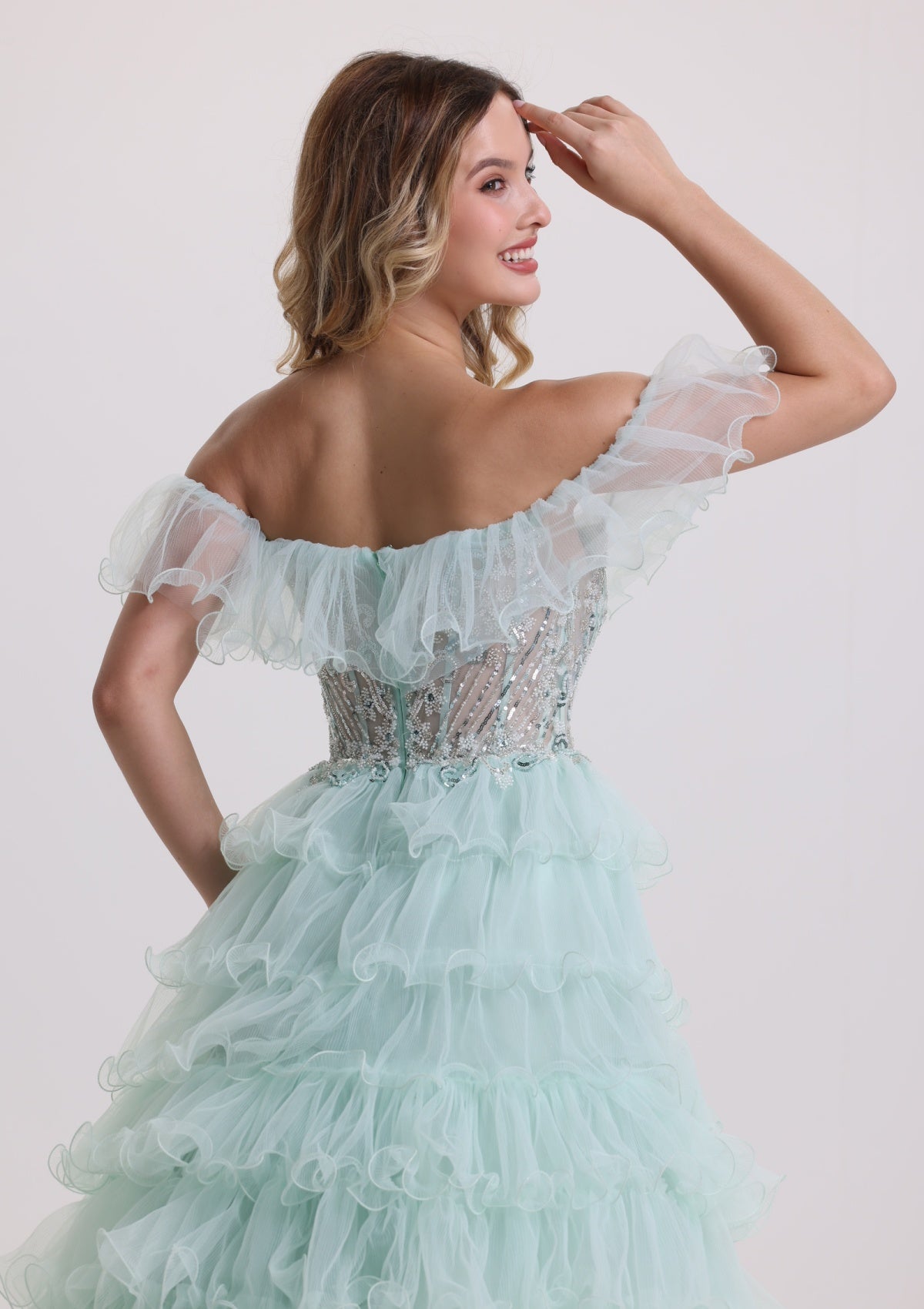 Elegant Appliques Corset Tiered Tulle Prom Dress