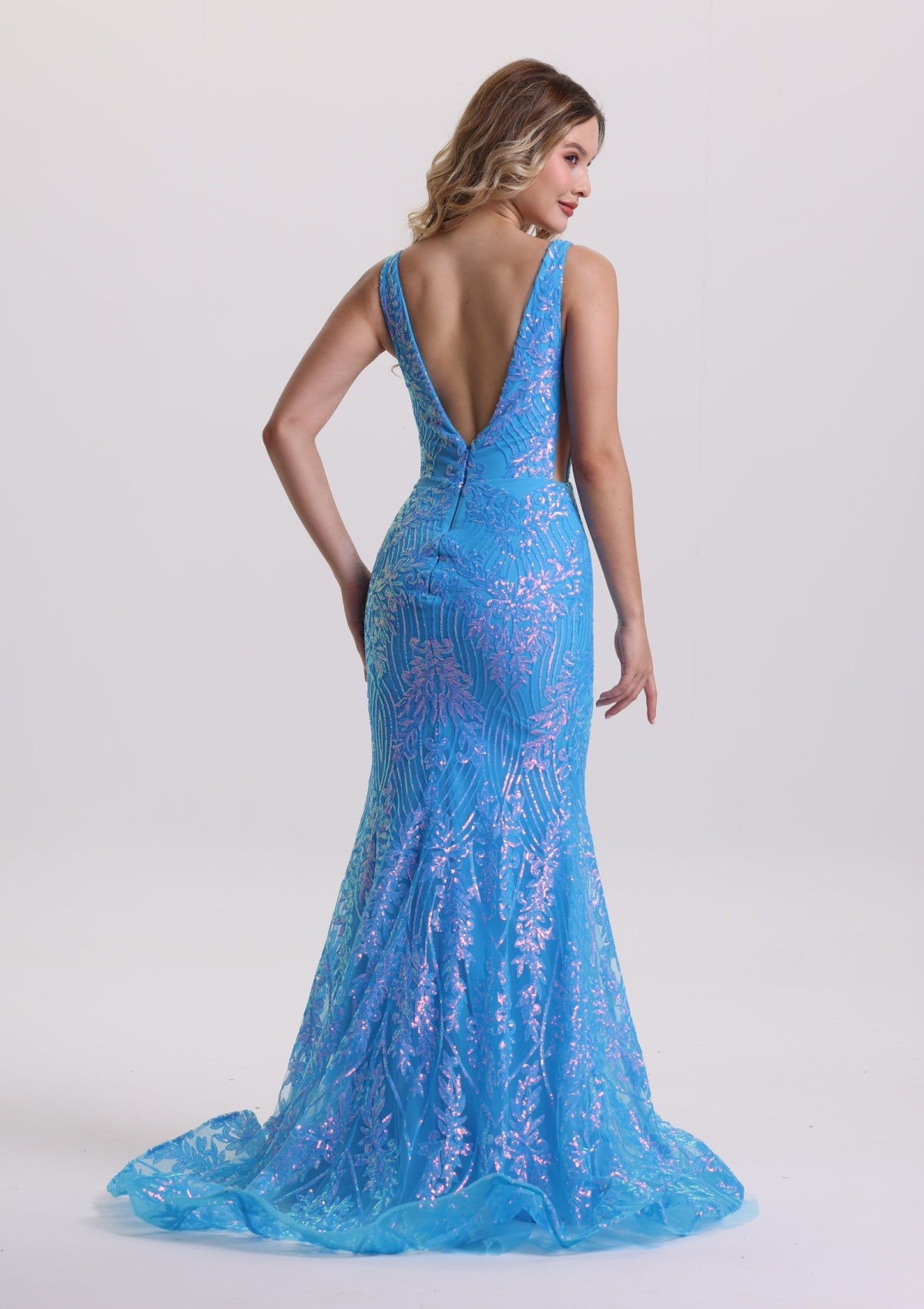 Luxury Illusion Plunging Neck Blue Evening Dress with Train