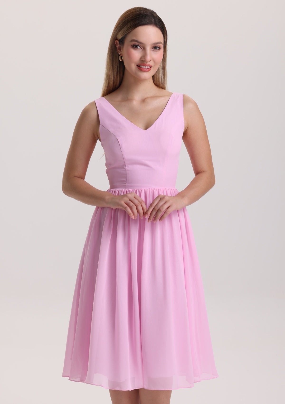 Elegant V Neck Midi Pink Mother of The Bride Dress