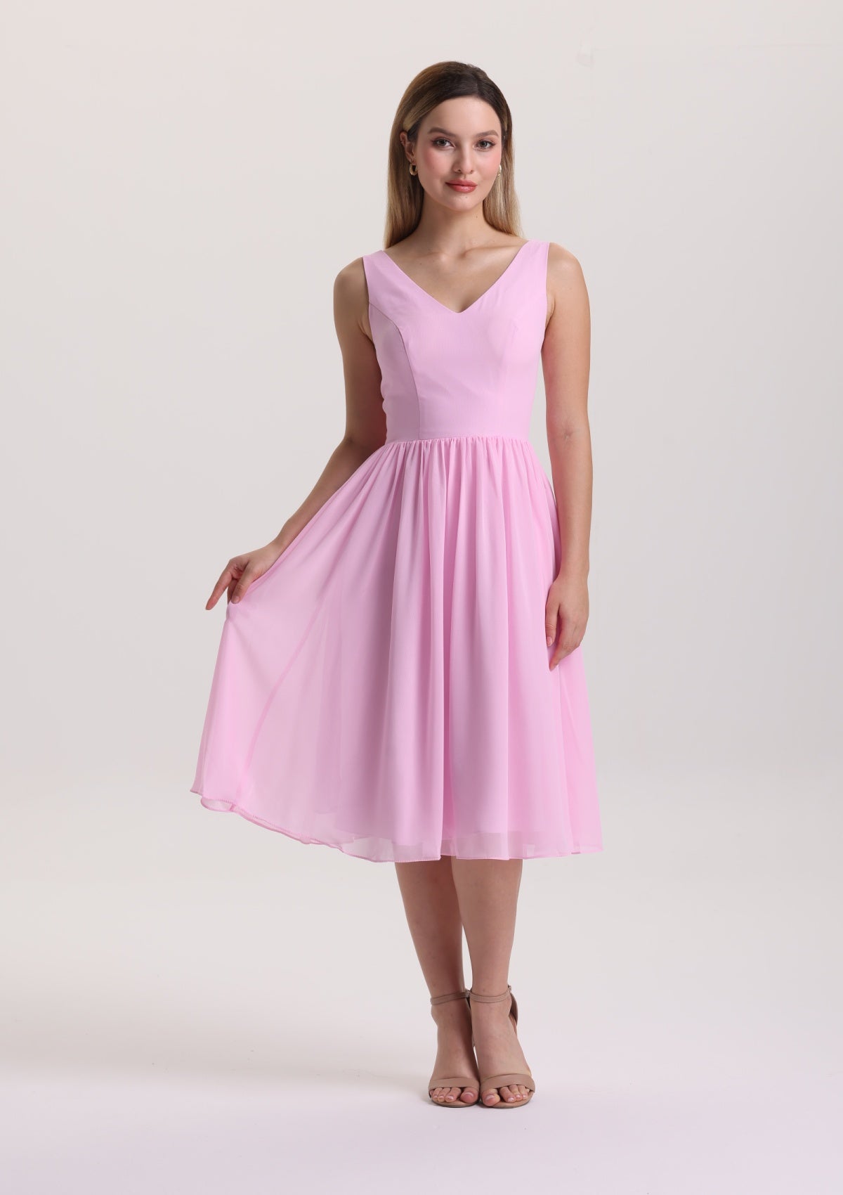 Elegant V Neck Midi Pink Mother of The Bride Dress
