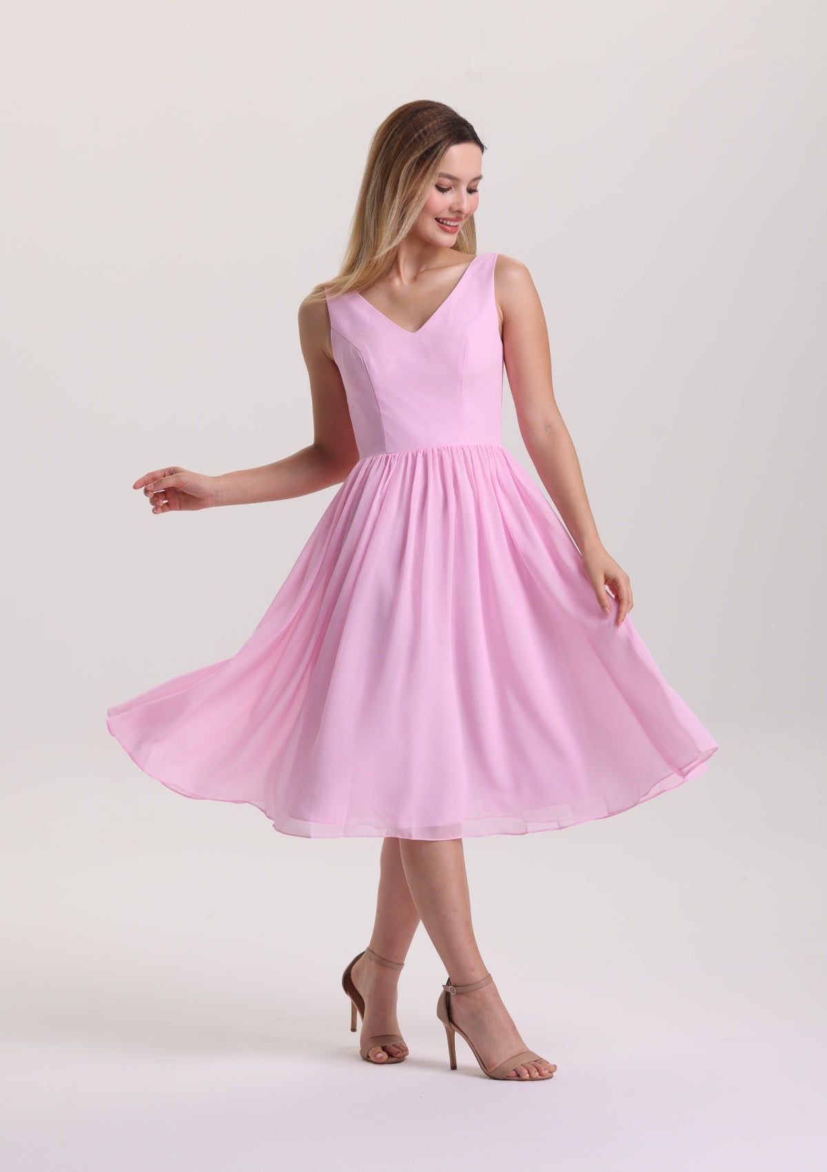 Elegant V Neck Midi Pink Mother of The Bride Dress