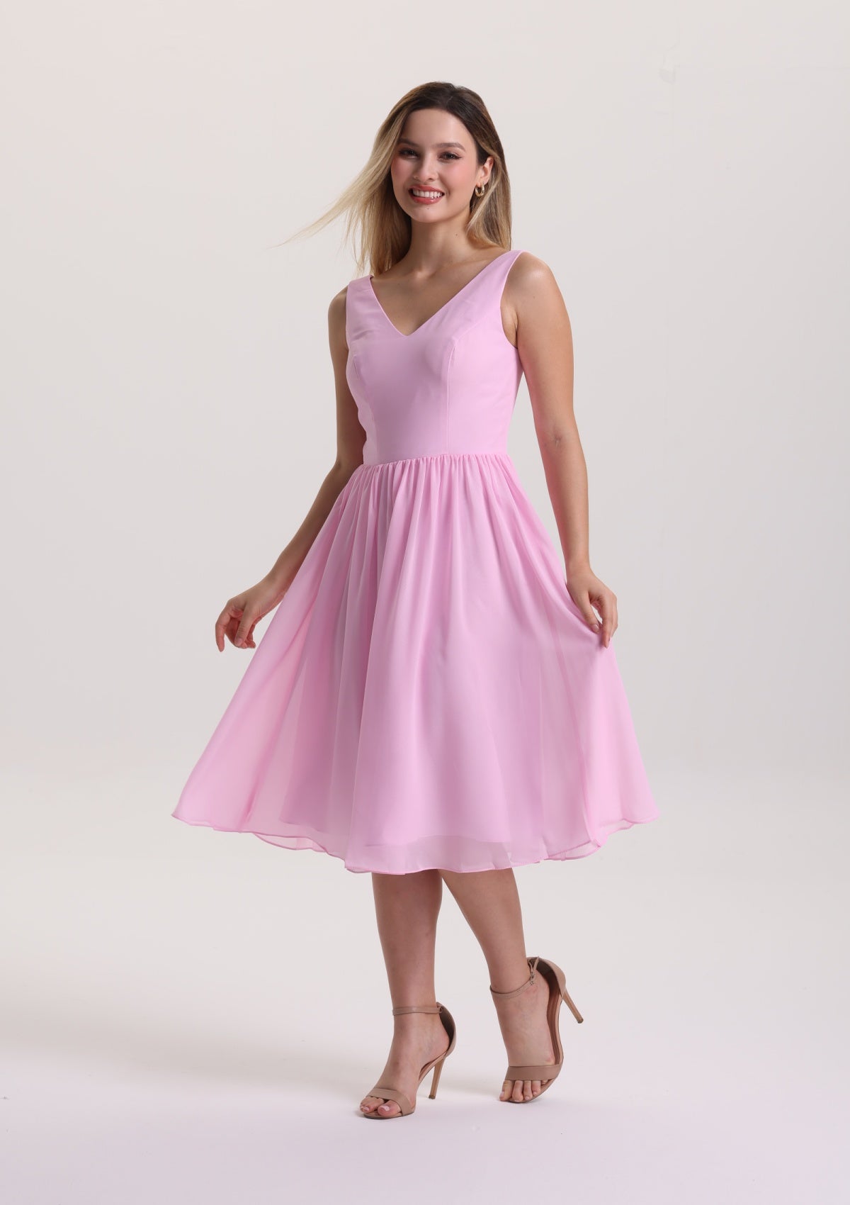 Elegant V Neck Midi Pink Mother of The Bride Dress