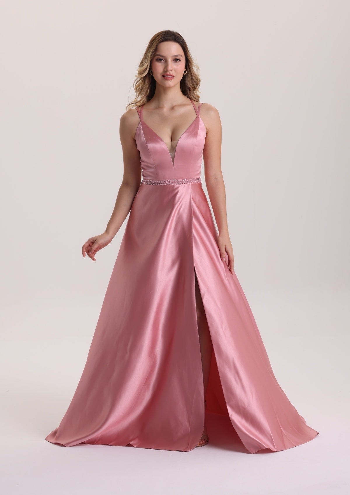 Illusion Plunging Neck Satin Prom Dress with Slit