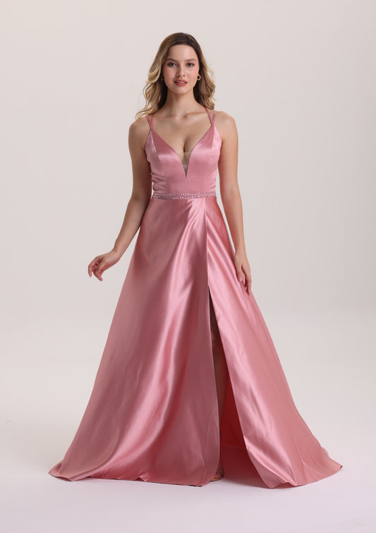 Illusion Plunging Neck Satin Prom Dress with Slit