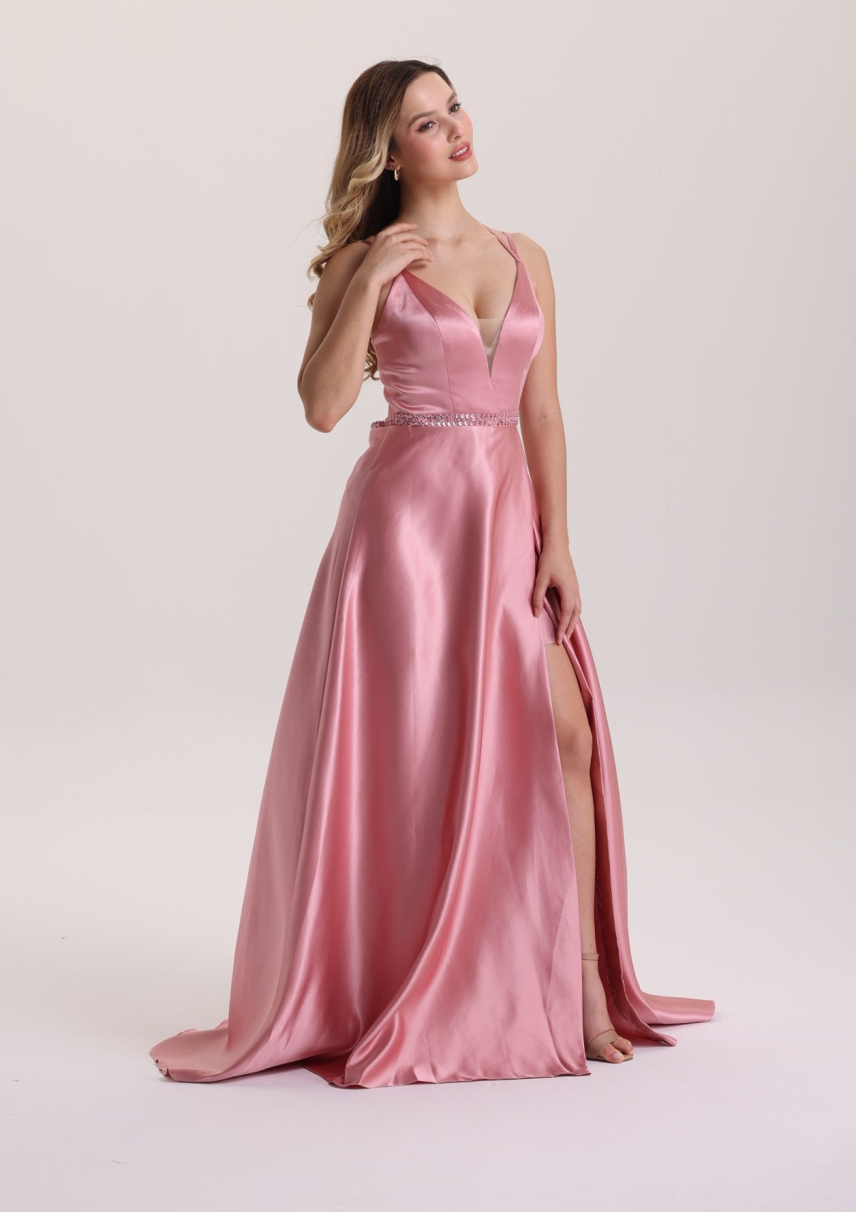 Illusion Plunging Neck Satin Prom Dress with Slit