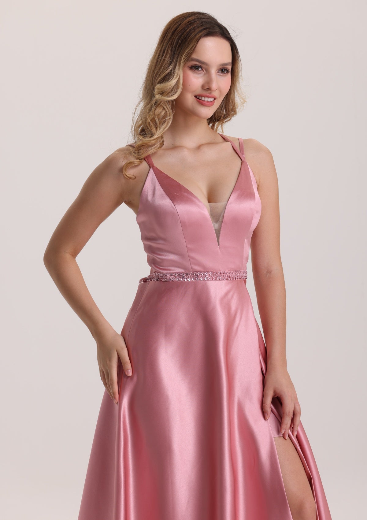Illusion Plunging Neck Satin Prom Dress with Slit