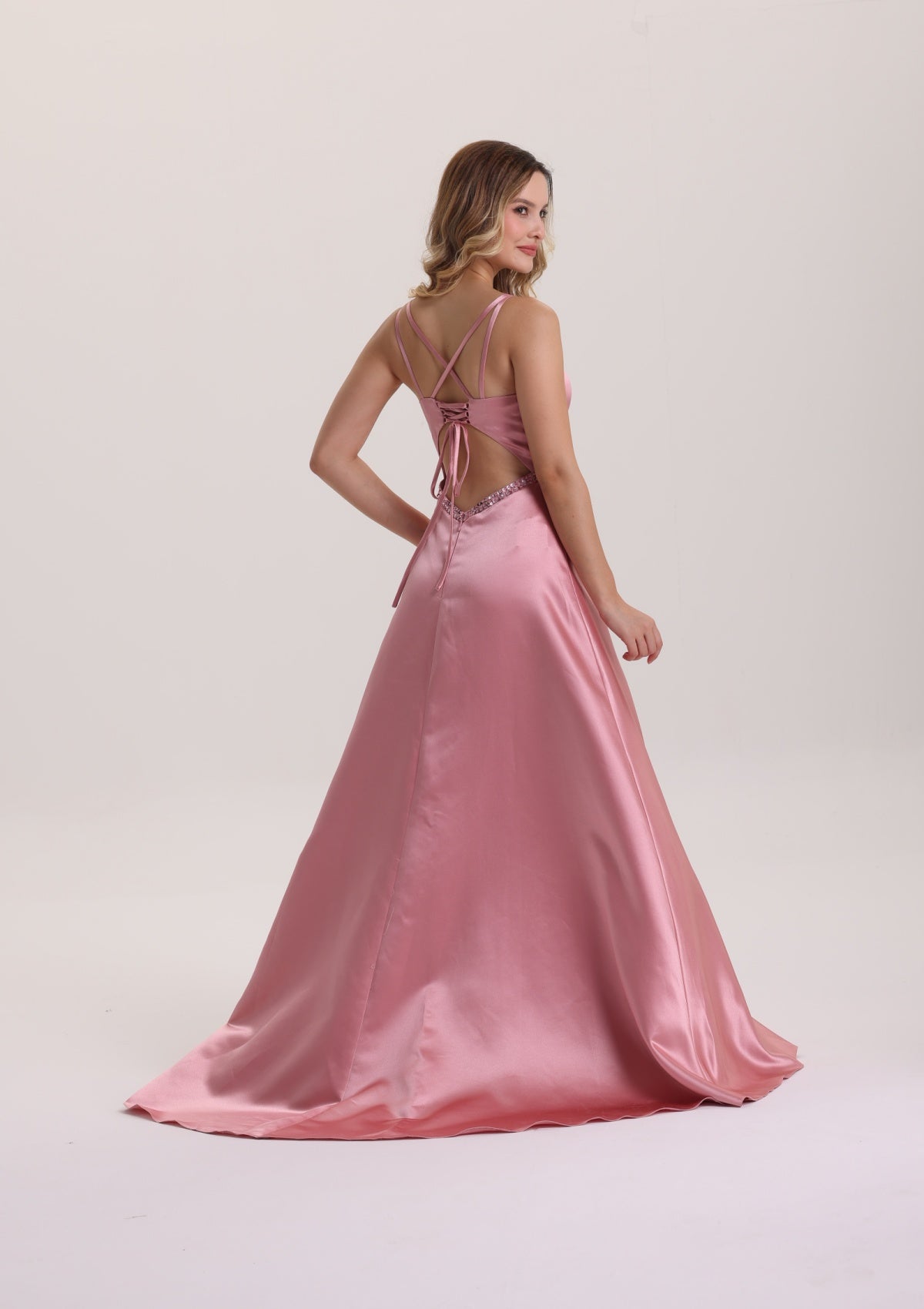 Illusion Plunging Neck Satin Prom Dress with Slit