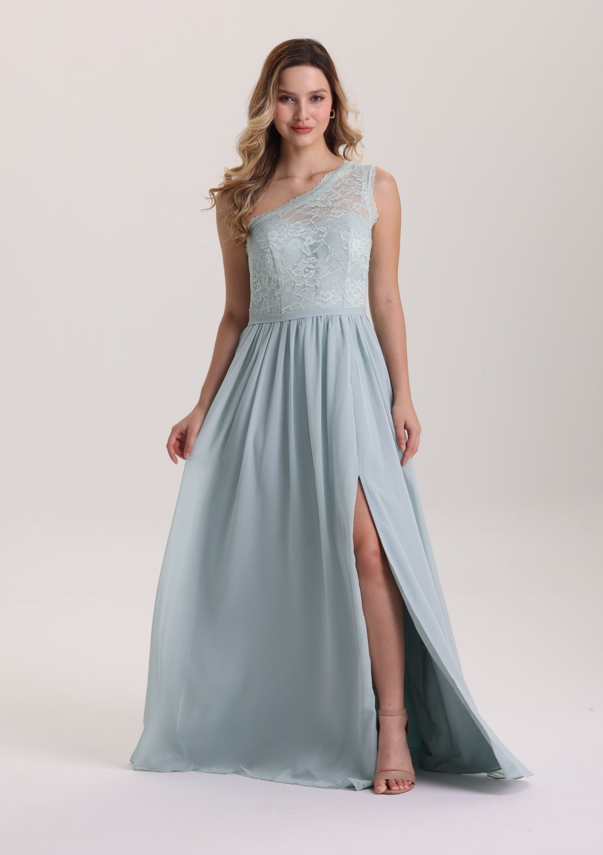 One Shoulder Asymmetrical Neck Lace Prom Dress