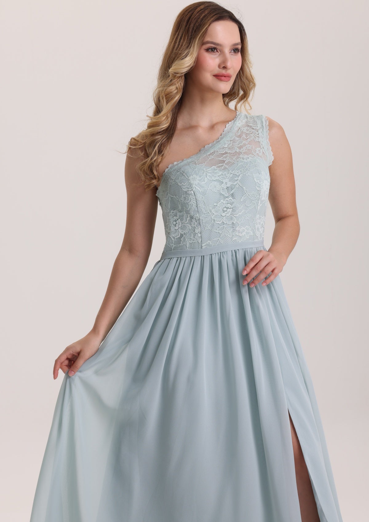 One Shoulder Asymmetrical Neck Lace Prom Dress