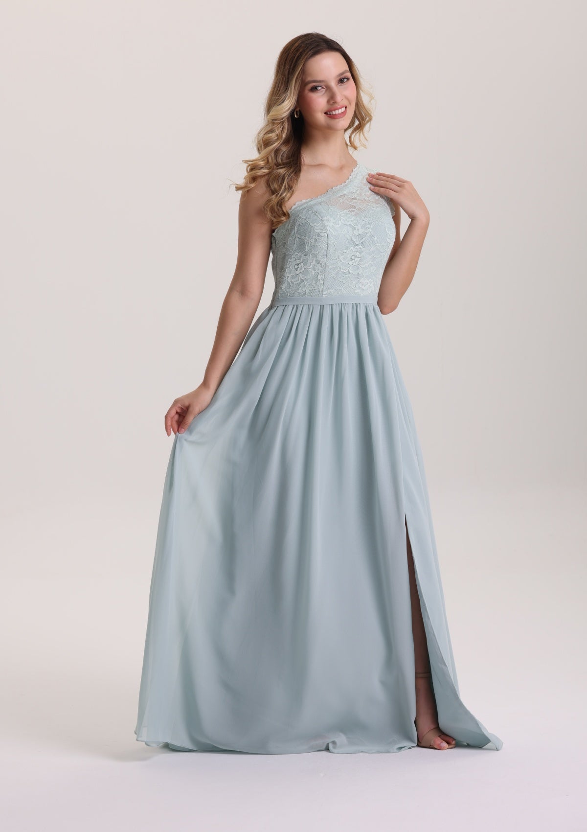 One Shoulder Asymmetrical Neck Lace Prom Dress