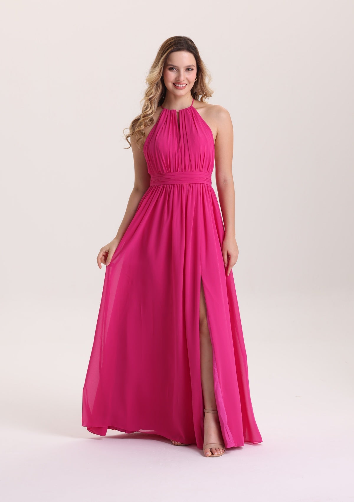 Romantic Halter Sleeveless Bridesmaid Dress with Slit