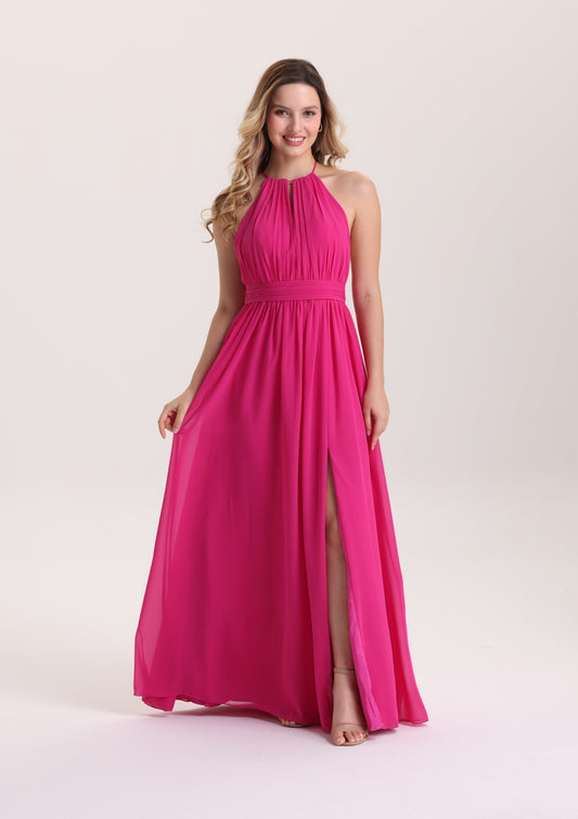 Romantic Halter Sleeveless Bridesmaid Dress with Slit