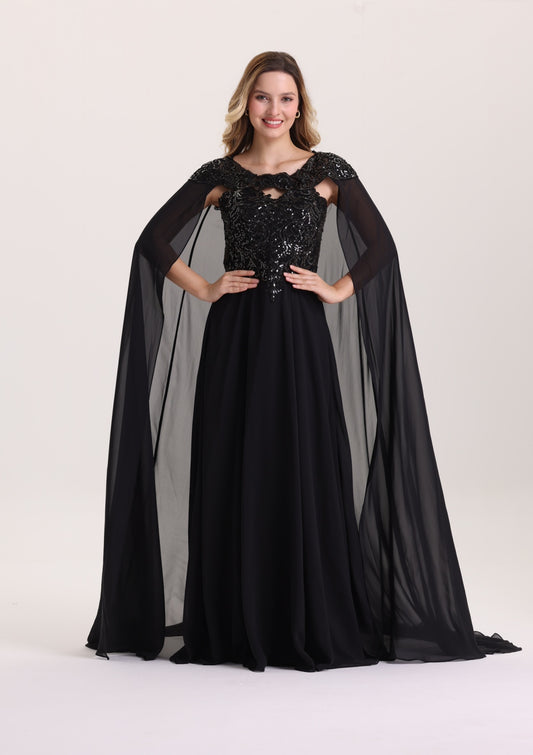 Elegant Sequin Scoop Neck Chiffon Evening Dress