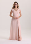Pink Ruffle Cap Sleeves Chiffon Bridesmaid Dress with Slit