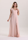 Pink Ruffle Cap Sleeves Chiffon Bridesmaid Dress with Slit