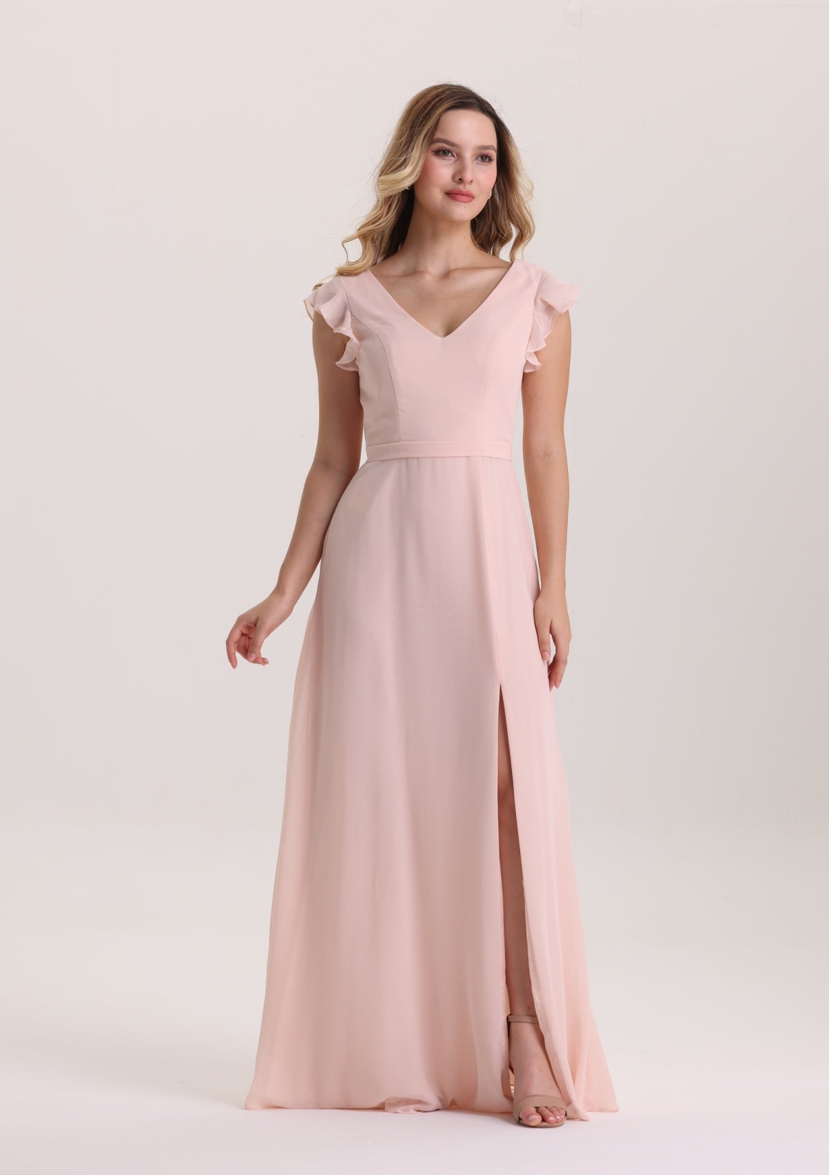 Pink Ruffle Cap Sleeves Chiffon Prom Dress with Slit
