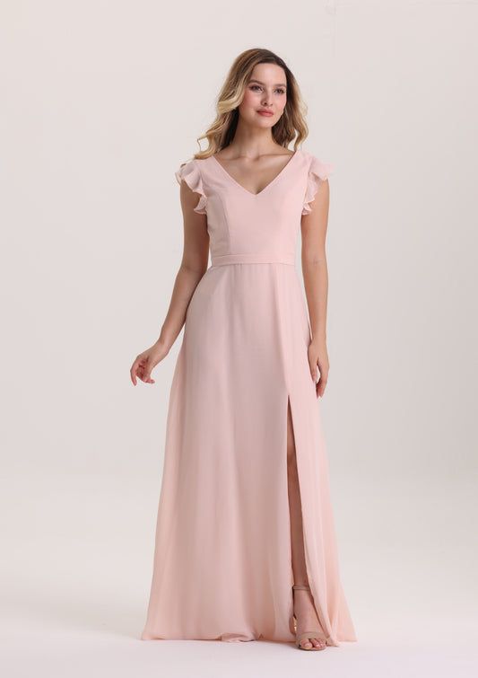 Pink Ruffle Cap Sleeves Chiffon Prom Dress with Slit