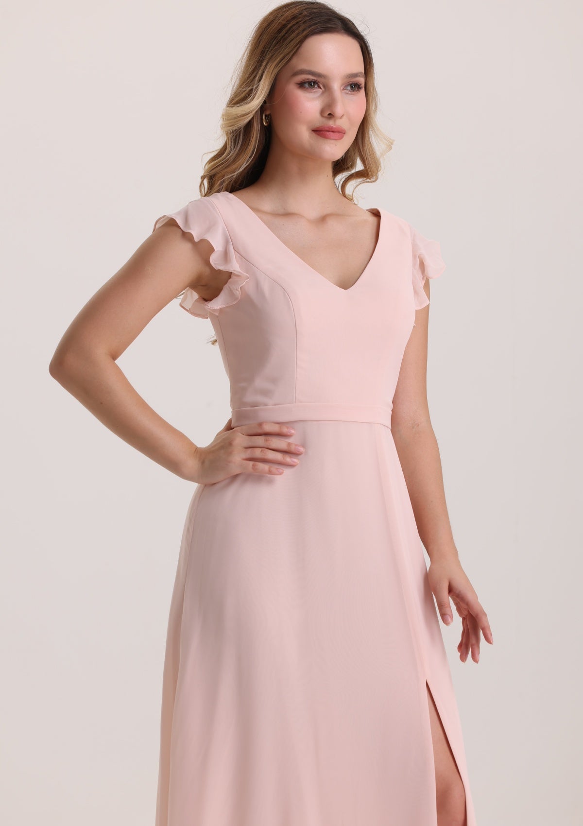 Pink Ruffle Cap Sleeves Chiffon Prom Dress with Slit