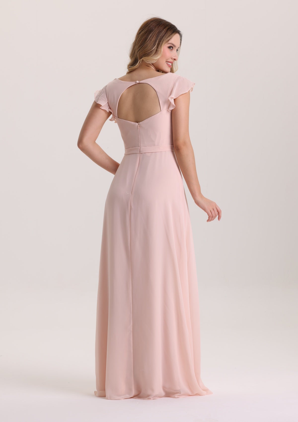 Pink Ruffle Cap Sleeves Chiffon Prom Dress with Slit