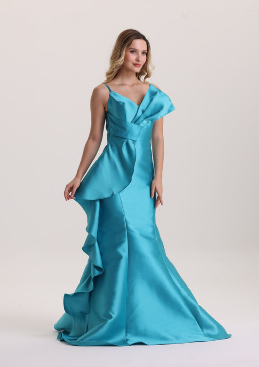 Designed Spaghetti Strap Satin Evening Dress with Bow