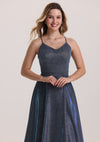 Metallic Spaghetti Strap Satin Prom Dress with Slit