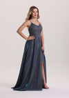 Metallic Spaghetti Strap Satin Prom Dress with Slit