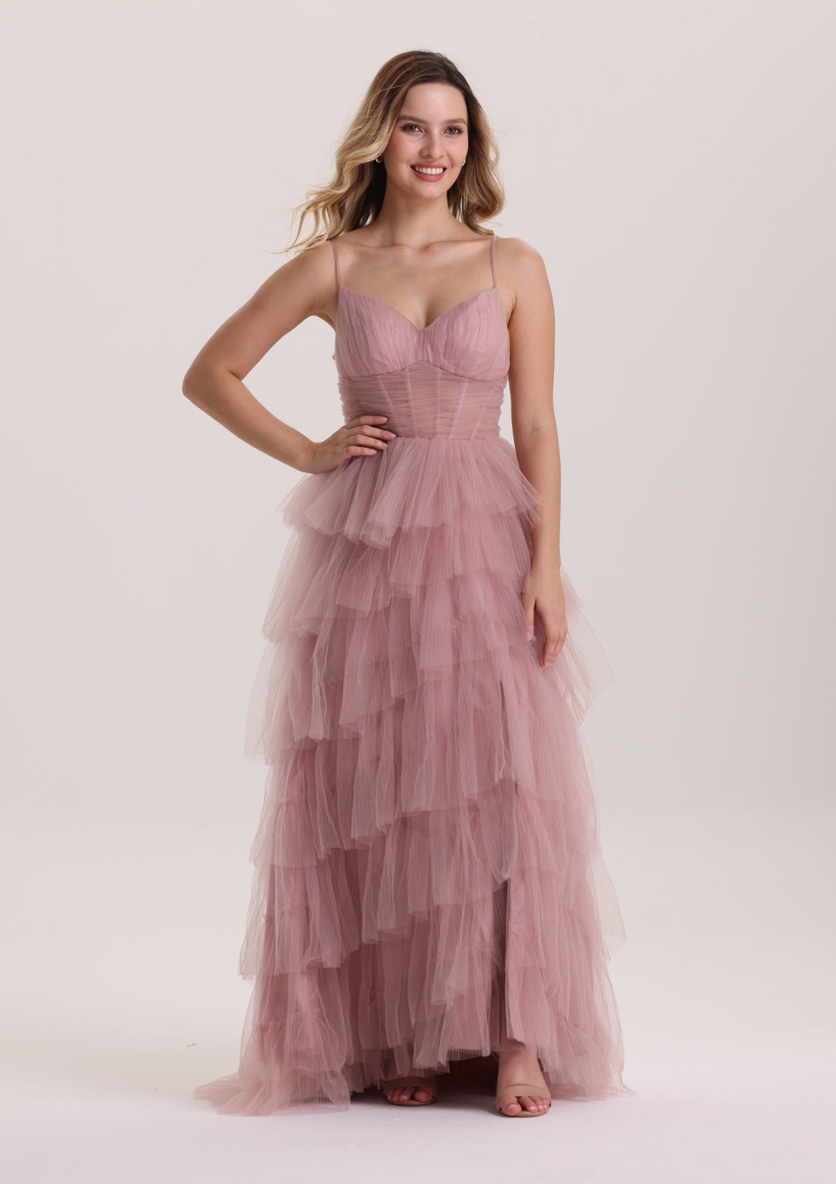 Romantic Corset Layered Tulle Pink Prom Dress