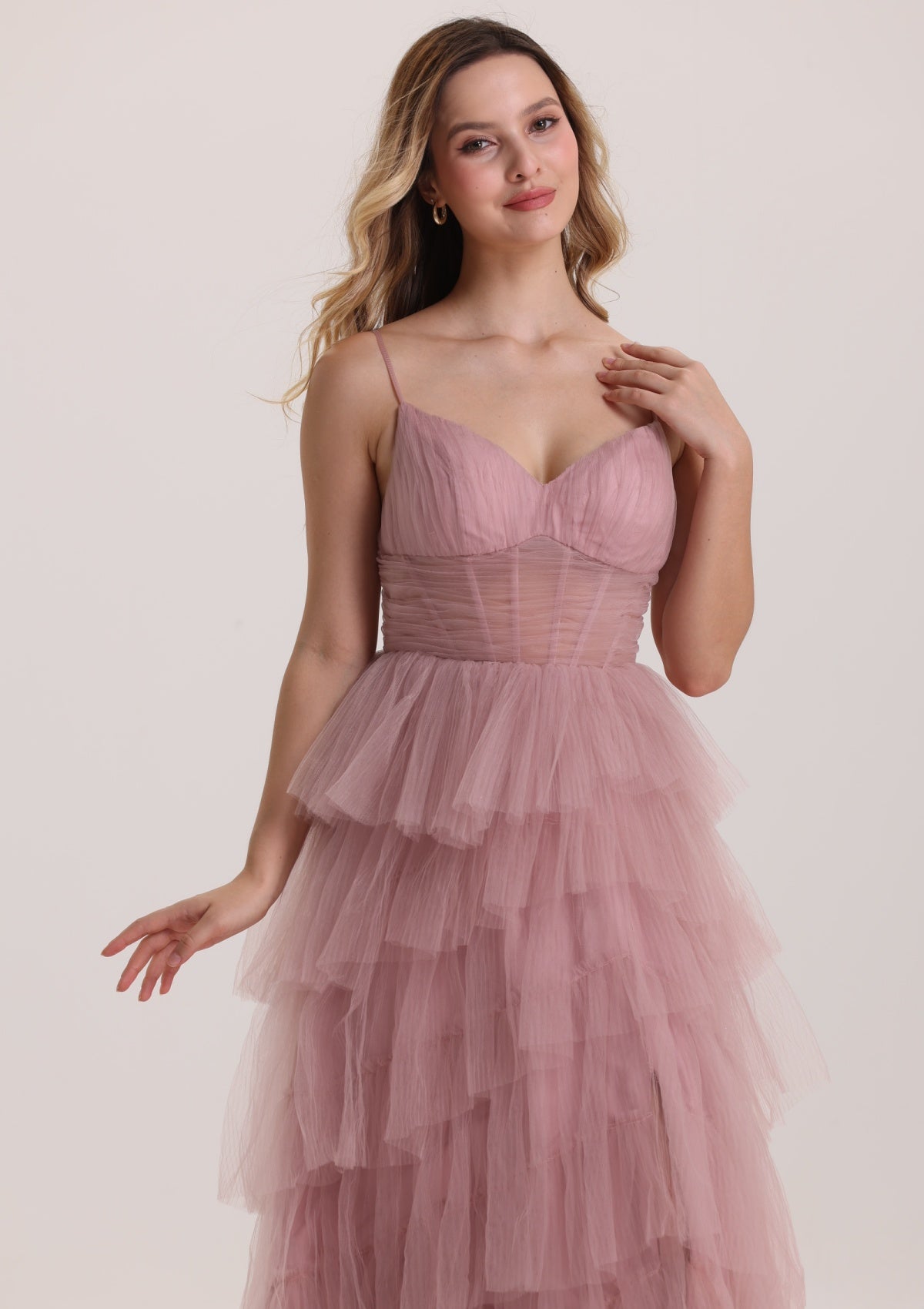 Romantic Corset Layered Tulle Pink Prom Dress