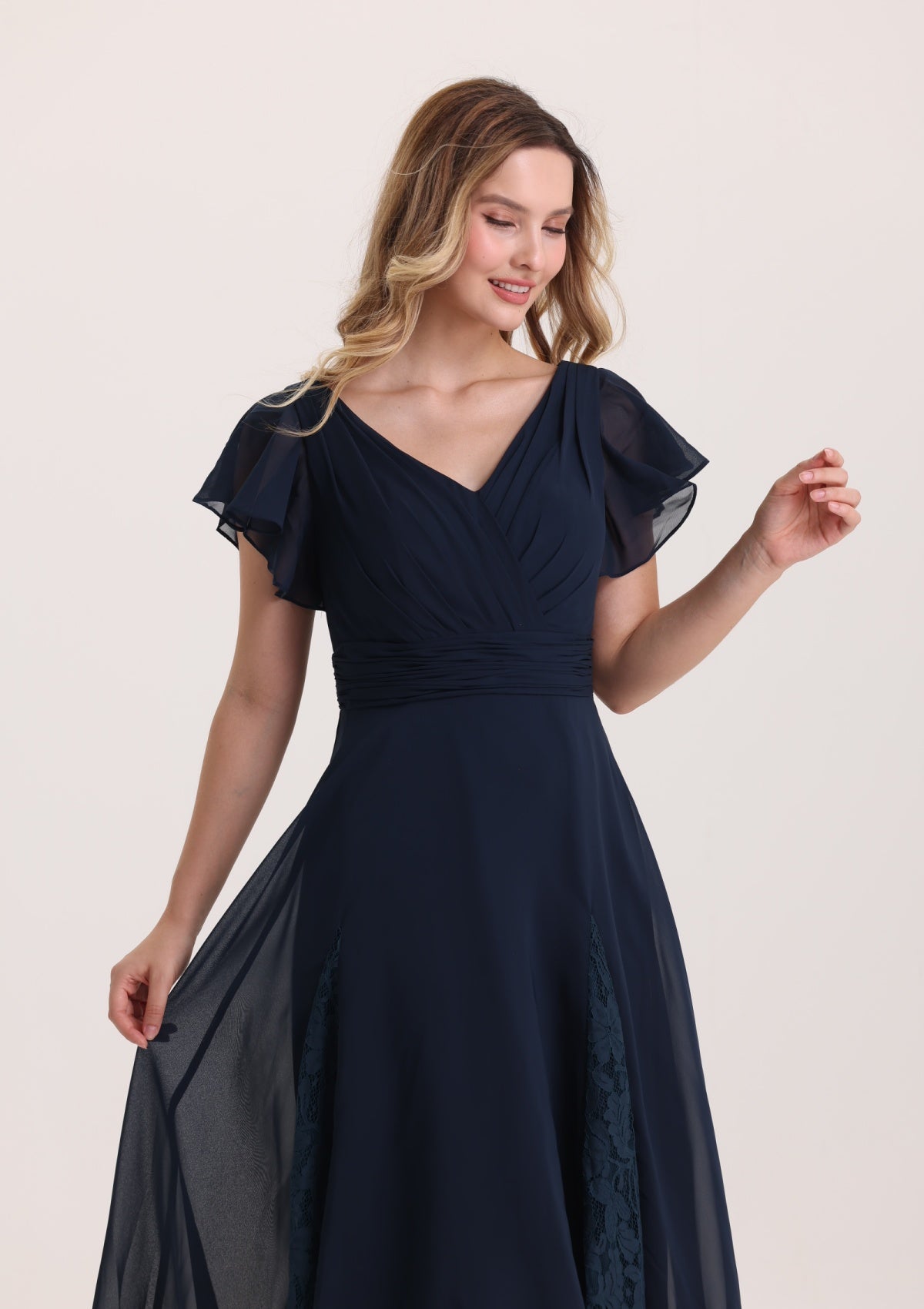 A Line Ruffle Cap Sleeves Lace Mother of The Bride Dress